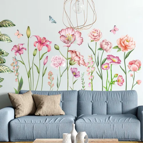Vista 6 de Amaonm - Adhesivo de pared extraíble de flores frescas y mariposa voladora, libélula azul, rosa, lirio, amapola, peonía, floral, calcomanía de pared