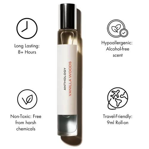 Vista 3 de Anthology Vanilla Woods Perfume Oil roll-on 0.3oz Notas de madera y vainilla Rollerball sin alcohol