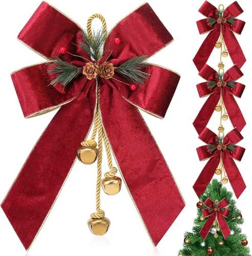 Vista 12 de Yinkin Corona de Árbol de Navidad Lazo Lazos de Cinta de Navidad con Campanas 11 x 7.8 pulgadas Terciopelo Cono de Pino Lazo Adornos Colgantes