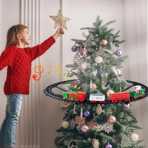 Vista 3 de Juego de Tren de Navidad Colgante - VATOS Juguete de Tren de Navidad 2 en 1 con Luz y Sonido para Niños, Juego de Juguete de Tren Alrededor y Debajo