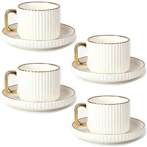 Vista 8 de Juego de 4 tazas de té de cerámica, tazas de café y platillos (azul y rojo)