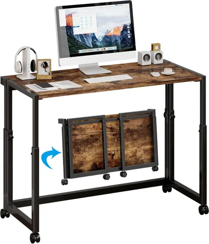 Vista 11 de JSB Escritorio plegable ajustable de 33.2 pulgadas para espacios pequeños, mesa portátil móvil para computadora portátil con ruedas, escritorio Negro