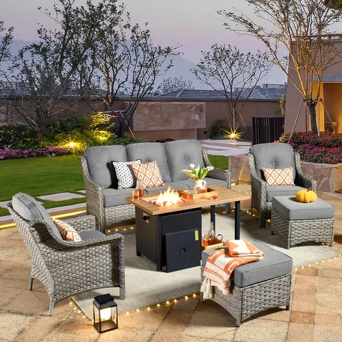 Vista 72 de HOOOWOOO Sofá de patio de 3 plazas de mimbre para exteriores, resistente a todo tipo de clima, con respaldo alto, muebles a juego (beige y bronceado)
