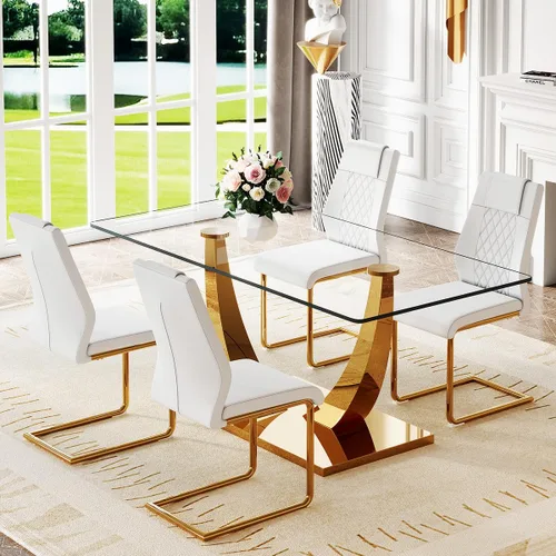 Vista 27 de Juego de mesa de comedor de cristal de 63 pulgadas para 4, mesa de comedor para 4, mesa de comedor con patas y base de acero inoxidable, sillas