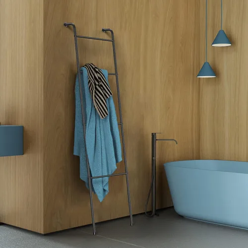 Vista 6 de Escalera para Mantas Soporte Decorativo Portador de Toallas para Baño, Soporte de Metal Apoyado en Pared para Secar Colchas para Sala de Estar