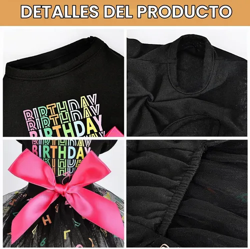 Vista 5 de Traje de cumpleaños para perro: vestidos coloridos de malla del alfabeto, tutú de verano, ropa para cachorros, XS, negro Cumpleaños negro