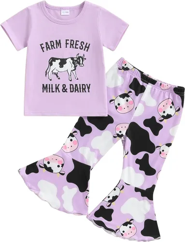 Vista 71 de fhutpw Conjunto de camiseta de manga corta con estampado de vaca y pantalones acampanados de dibujos animados para niñas