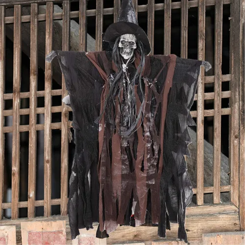 Vista 11 de JIAHG Decoraciones de Halloween, esqueleto colgante animado fantasma con ojos rojos brillantes activados por sonido de voz aterradora fiesta