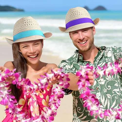 Vista 5 de Wesiti 12 sombreros para hombres y mujeres, sombreros de Panamá con banda colorida, sombrero de vaquero para verano, piscina, fiesta en la playa