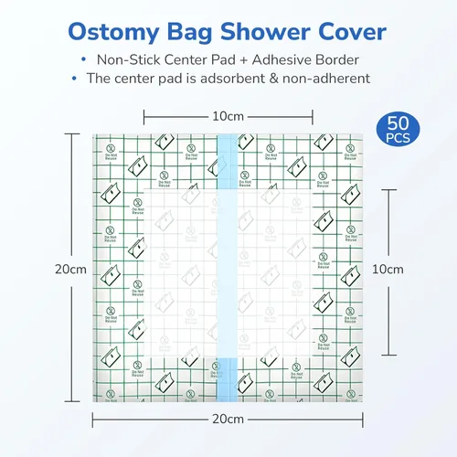 Vista 2 de Funda de ducha para ostomía, 50 unidades, protector de ducha impermeable, 8 x 8 pulgadas Large Size Waterproof Shower Guard, Non-Adhesive Center