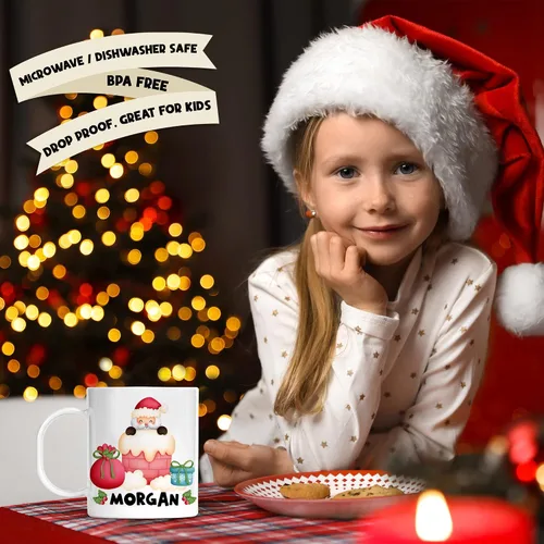 Vista 3 de Taza personalizada de Santa para niños, Papá Noel en chimenea, polímero ligero
