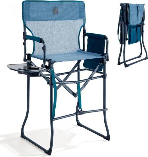 Vista 17 de EVER ADVANCED Silla alta de textileno para campamento, silla de directores de malla, taburete de bar plegable alto con mesa auxiliar