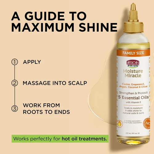 Vista 4 de African Pride Moisture Miracle 5 Aceites Esenciales para el Cabello con Vitamina E Humedad, Brillo, Protección y Crecimiento Argán, Ricino