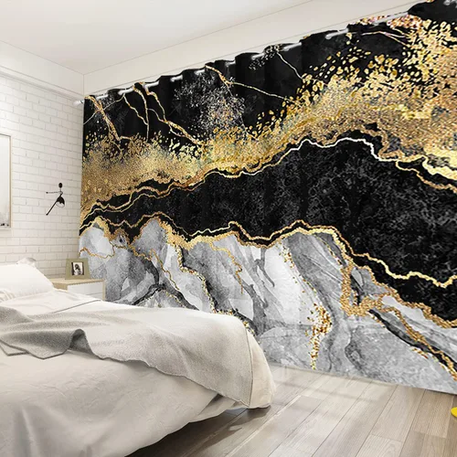 Vista 3 de Cortinas opacas de mármol negro y gris para hombre joven, estilo gótico, decoración de sala de estar, cortinas abstractas de rayas doradas, juego
