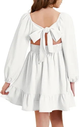 Vista 3 de blibean - Vestido de manga larga con lazo en la espalda para niñas y preadolescentes, vestido de otoño con hombros descubiertos, tallas para 6-15
