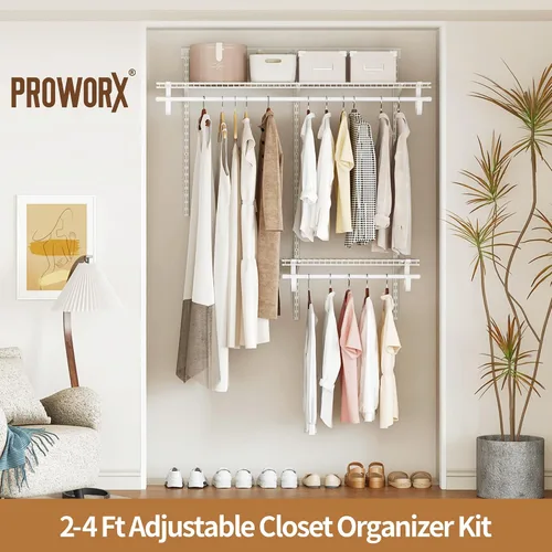 Vista 2 de PROWORX Kit de sistema organizador de armario expandible de 2 a 4 pies, estantería de alambre de metal blanco personalizado, estantes