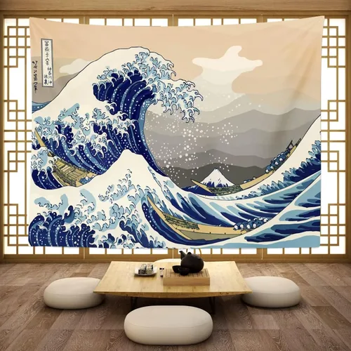 Vista 9 de CORFOTO Tapiz retro de 60 x 40 pulgadas, prefectura japonesa de Kanagawa, tapiz de ondas japonesas antiguas, tapices de estilo japonés