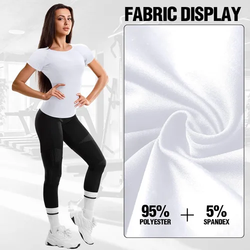 Vista 5 de Coume Paquete de 4 camisetas de compresión para mujer, de manga corta, para entrenamiento, correr, atletismo, yoga, gimnasio, equipo deportivo