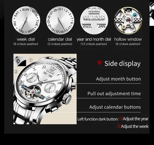 Vista 3 de OLEVS Reloj automático para hombre, cuerda automática, mecánica, de lujo, de acero inoxidable, multicalendario, impermeable, luminoso, reloj