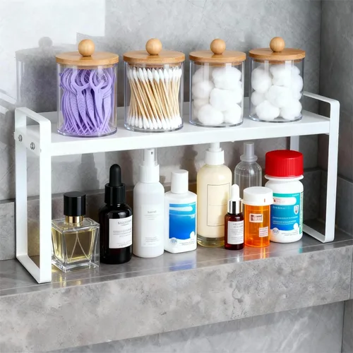 Vista 8 de Organizador y almacenamiento de botiquín de 2 niveles, organizador apilable de medicamentos para baño con divisores extraíbles, almacenamiento