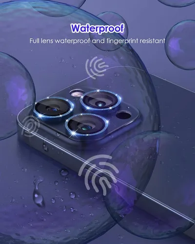 Vista 8 de Protector de lente de cámara con purpurina compatible con iPhone 15 Pro/iPhone 15 Pro Max, acrílico transparente más anillo de aleación de aluminio