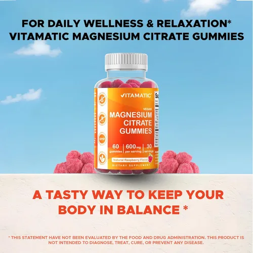 Vista 6 de Vitamatic Gomitas de magnesio de 600 mg por porción, 60 veganas para relajación, músculos, huesos y apoyo energético