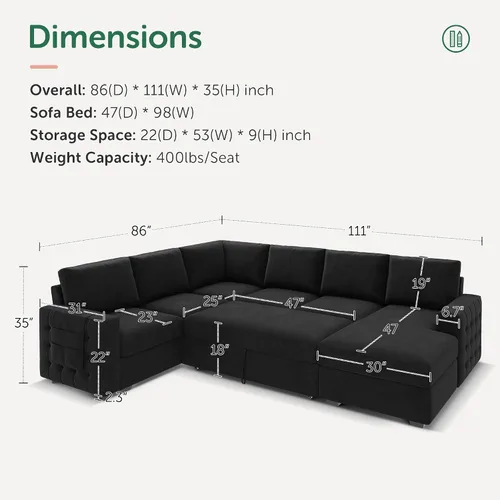 Vista 2 de HONBAY Sofá cama seccional con cama extraíble, sofá seccional en forma de U con diván de almacenamiento, sofá seccional de 6 plazas, terciopelo negro