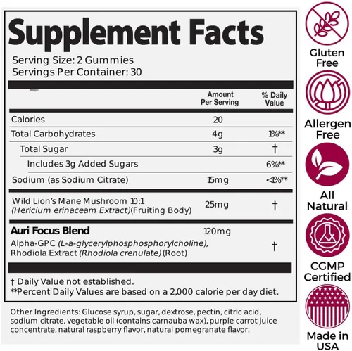 Vista 5 de Auri Nutrition Super Mushroom Focus Gummies con melena de león, Alpha GPC y Rhodiola - Suplemento de hongos para apoyar la función cognitiva