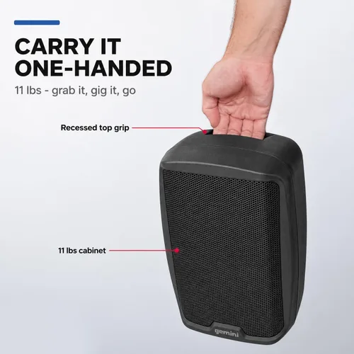 Vista 5 de Gemini Altavoz PA Bluetooth de 8" 500W con enlace TWS, USB/SD/FM, entradas XLR/RCA/AUX, canales de micrófono y guitarra, altavoz DJ compacto