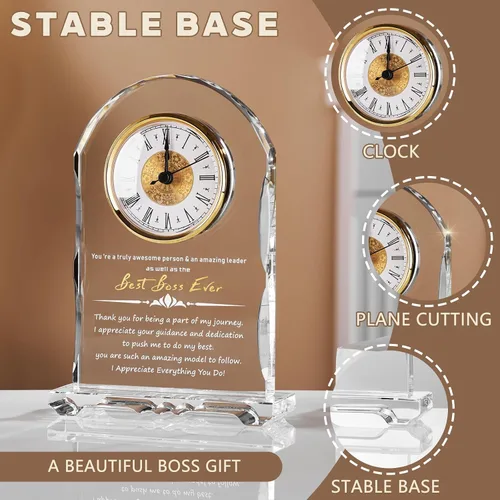 Vista 4 de Reloj de Cristal Significativo para Jubilación, Regalos para Mujeres y Hombres, Mejor Jefe de Todos, Feliz Reloj de Jubilación Placa de Regalo