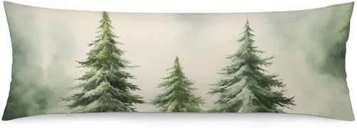 Vista 8 de Funda de almohada corporal con estampado de bosque natural, funda protectora larga con cremallera, pinos verdes con copos de nieve, funda