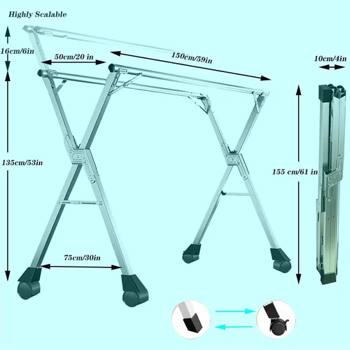Vista 7 de Estante de secado de ropa de acero inoxidable, estante para secadora de ropa al aire libre, estantes para lavandería, tendedero plegable