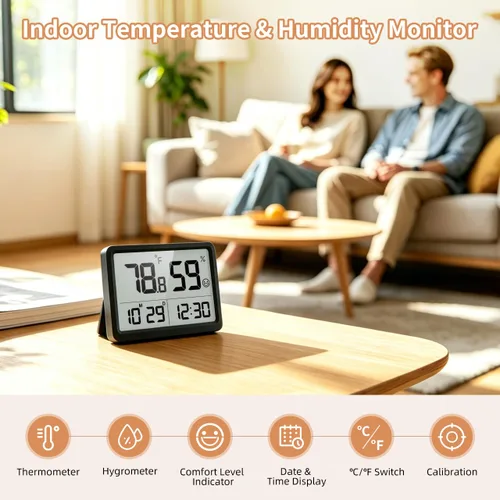 Vista 2 de DOOMAY Termómetro de Habitación Interior - Higrómetro Monitor de Temperatura y Humedad con Sensor de Alta Precisión Pantalla LCD Pantalla Grande