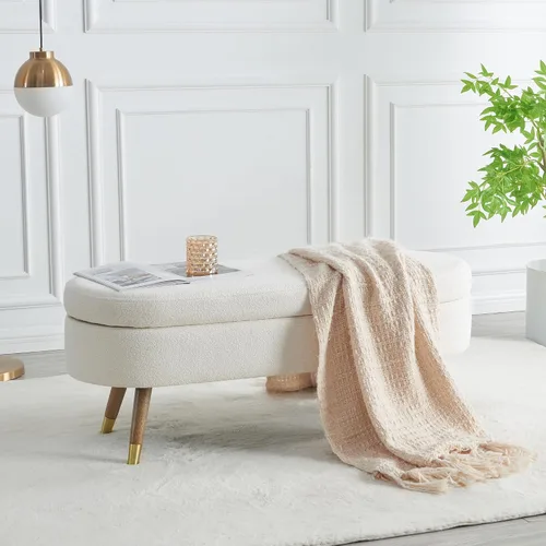 Vista 8 de IAFIKE Banco de almacenamiento ovalado de 43.5" Banco otomano tapizado de tela bouclé Banco reposapiés con patas de metal dorado, extremo de cama