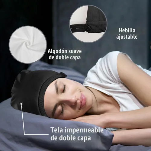 Vista 4 de Paquete de aceite de ricino para la cabeza, elástico y reutilizable, de algodón orgánico para mujeres que duermen, doble capa impermeable para Negro
