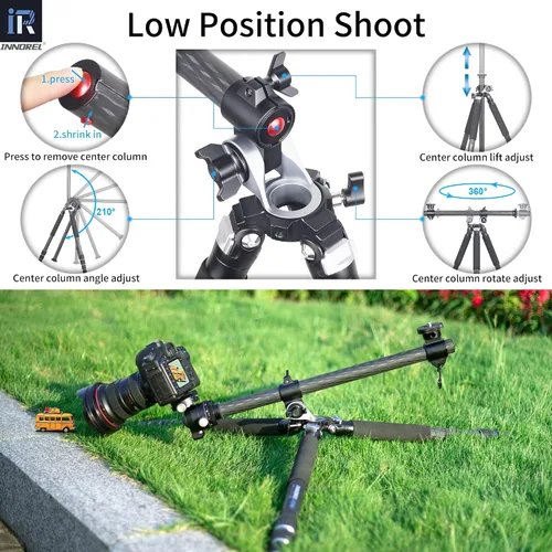 Vista 4 de Cámara de fibra de carbono Horizontal Tripod-INNOREL HT284C con columna central giratoria de 360 grados y cabezal de bola central de baja gravedad
