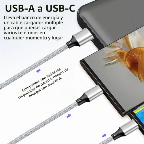 Vista 4 de Puxnoin Cable de carga múltiple, cable divisor USB C, cable de carga rápida 3 en 1 con 3 puertos macho tipo C compatible con teléfonos celulares