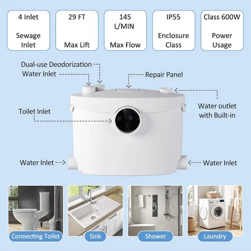 Vista 3 de Simple Project Sistema de inodoro macerante 600w con 4 entradas de agua blancoD-600W
