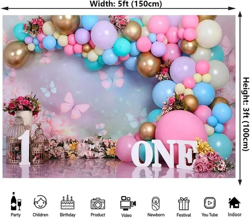 Vista 2 de Telón de fondo de primer cumpleaños para niña, decoración de pastel de primer cumpleaños para niña, telón de fondo de fotos para baby shower