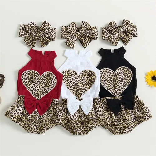 Vista 6 de Conjunto de 2 piezas para bebé recién nacida con estampado de leopardo, camiseta sin mangas con estampado de corazón+pantalones cortos tutú