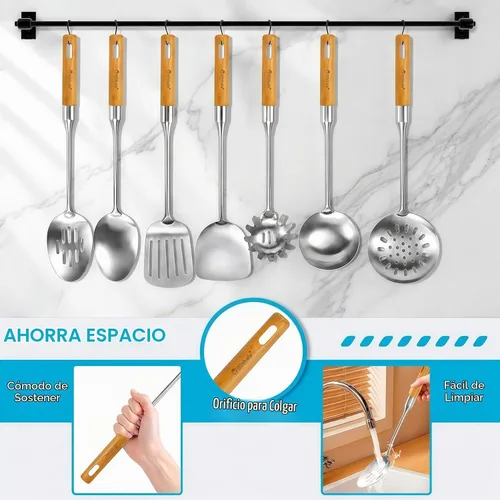 Vista 3 de Juego de utensilios de cocina de acero inoxidable con mango de madera, 7 piezas de utensilios de cocina largos de acero inoxidable, juego