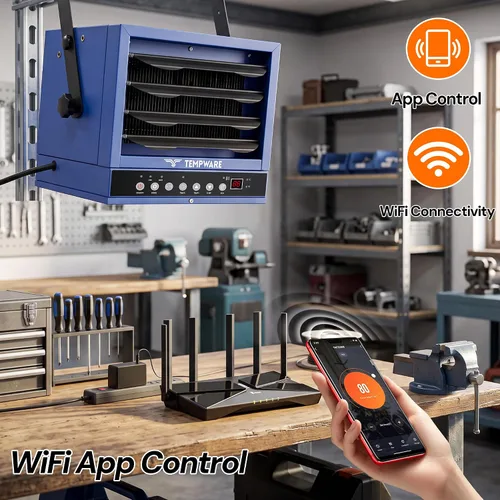 Vista 2 de TEMPWARE Calentador eléctrico de garaje de 7500 W con control de aplicación Control remoto azul y control por aplicación