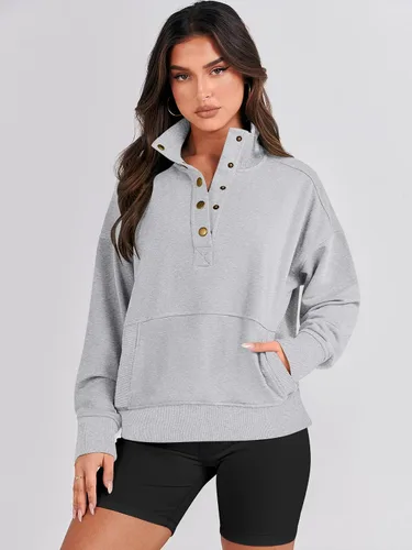Vista 2 de ANRABESS Sudadera casual de manga larga para mujer, con botones, cuello en V, holgada, con bolsillos