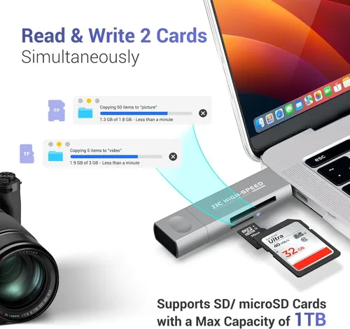 Vista 3 de Lector de tarjetas SD para iPhone/ipad/MacBook, múltiples conectores de luz y USB-C 3.0 y USB-A 2.0 memoria SD TF lector de tarjetas SD TF lector