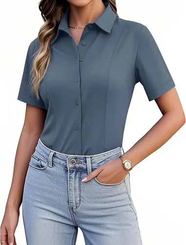 Vista 14 de Siliteelon Camisetas de Botón para Mujer, Ajustadas, de Manga Corta, Elásticas, Camisa de Vestir, Sin Arrugas, Sólida, Blusa de Trabajo