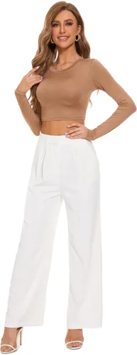 Vista 2 de KICZOY Pantalones de pierna ancha para mujer, cintura alta, pierna ancha, ajuste holgado, cintura elástica, plisados, para trabajo, casual