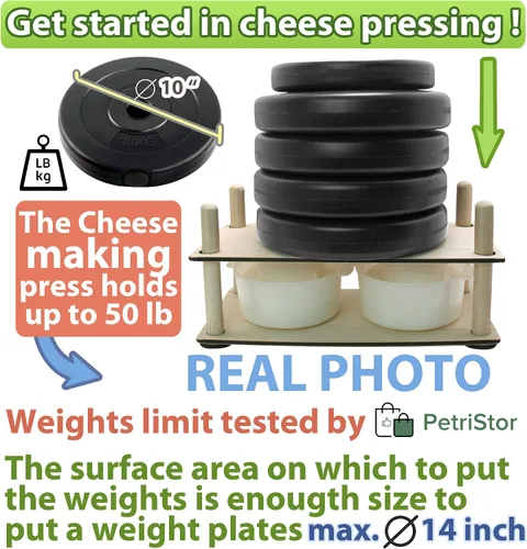 Vista 7 de Prensa de queso de madera para suministros de fabricación de queso, guías de madera de 16 pulgadas y molde de 2 quesos con pistón seguidor de 1.3