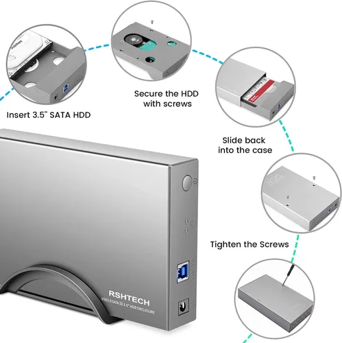 Vista 6 de Carcasa para disco duro RSHTECH USB 3.0 a SATA de aluminio para disco duro externo de 3.5 pulgadas HDD SSD hasta 16TB, soporte UASP (RSH-339) Caja