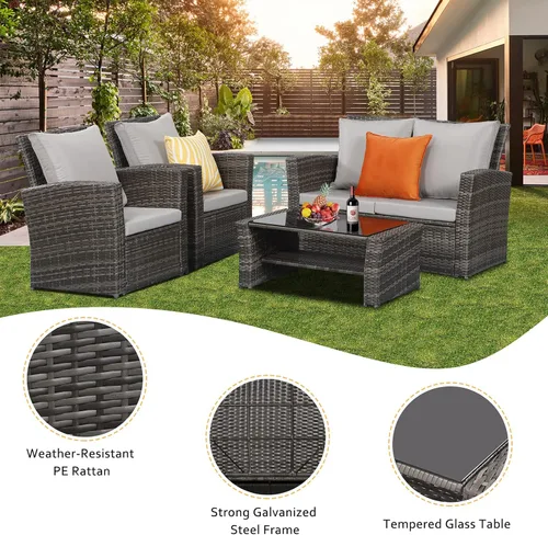 Vista 3 de Solaste Juego de muebles de patio de 4 piezas, sofá de conversación de patio, silla de mimbre con cojín, sofá de ratán tejido a mano para porche