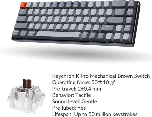 Vista 8 de Keychron Teclado mecánico inalámbrico K6 Bluetooth 5.1 con interruptor marrón Keychron K Pro, retroiluminación LED, batería recargable, teclado
